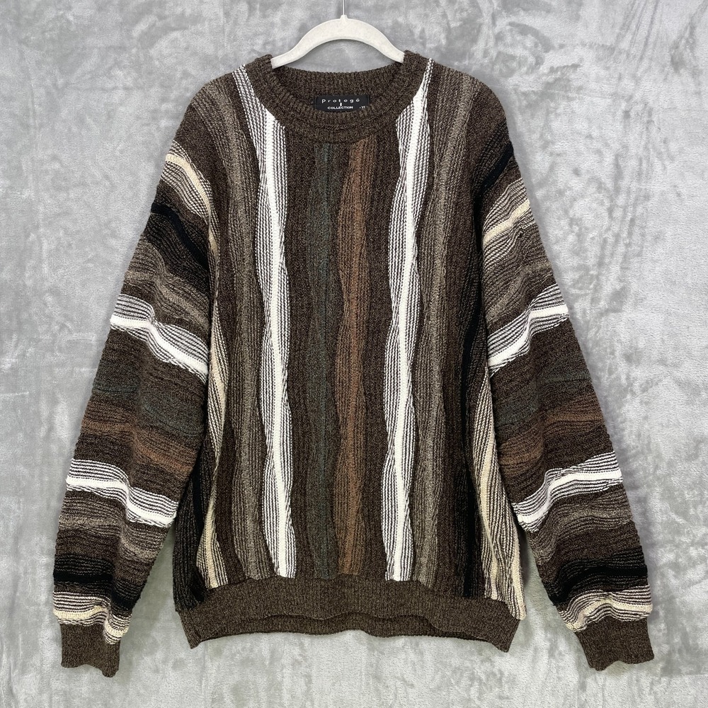 Vtg 90s Protege Collection 3D Textured Men's XL Knit Sweater Coogi Style Brown